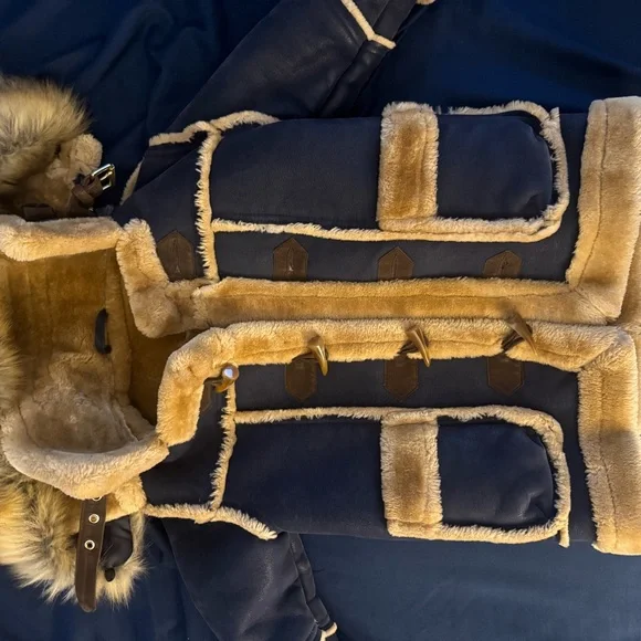 Navy and Tan Faux Fur Trimmed Coat